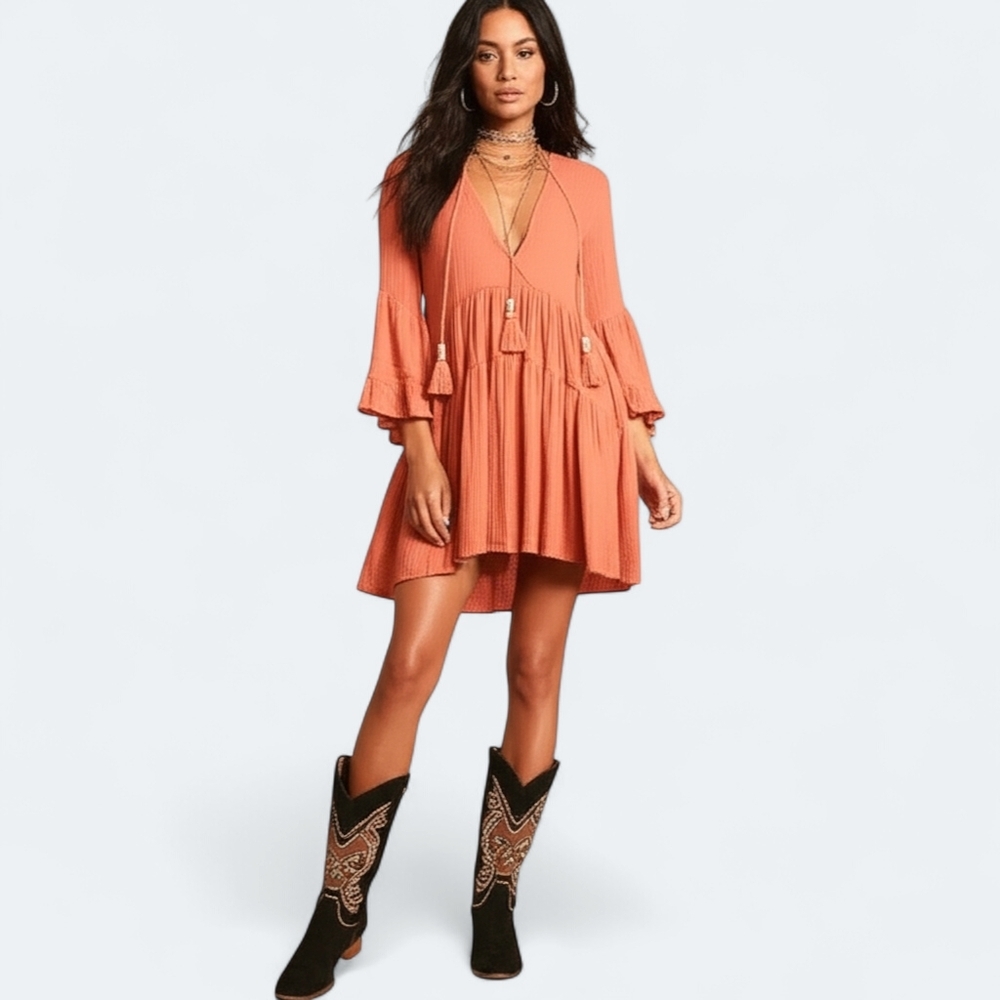 ANTHROPOLOGIE Avec Les Filles Flare V Neck Tiered Bohemian Dress NWT